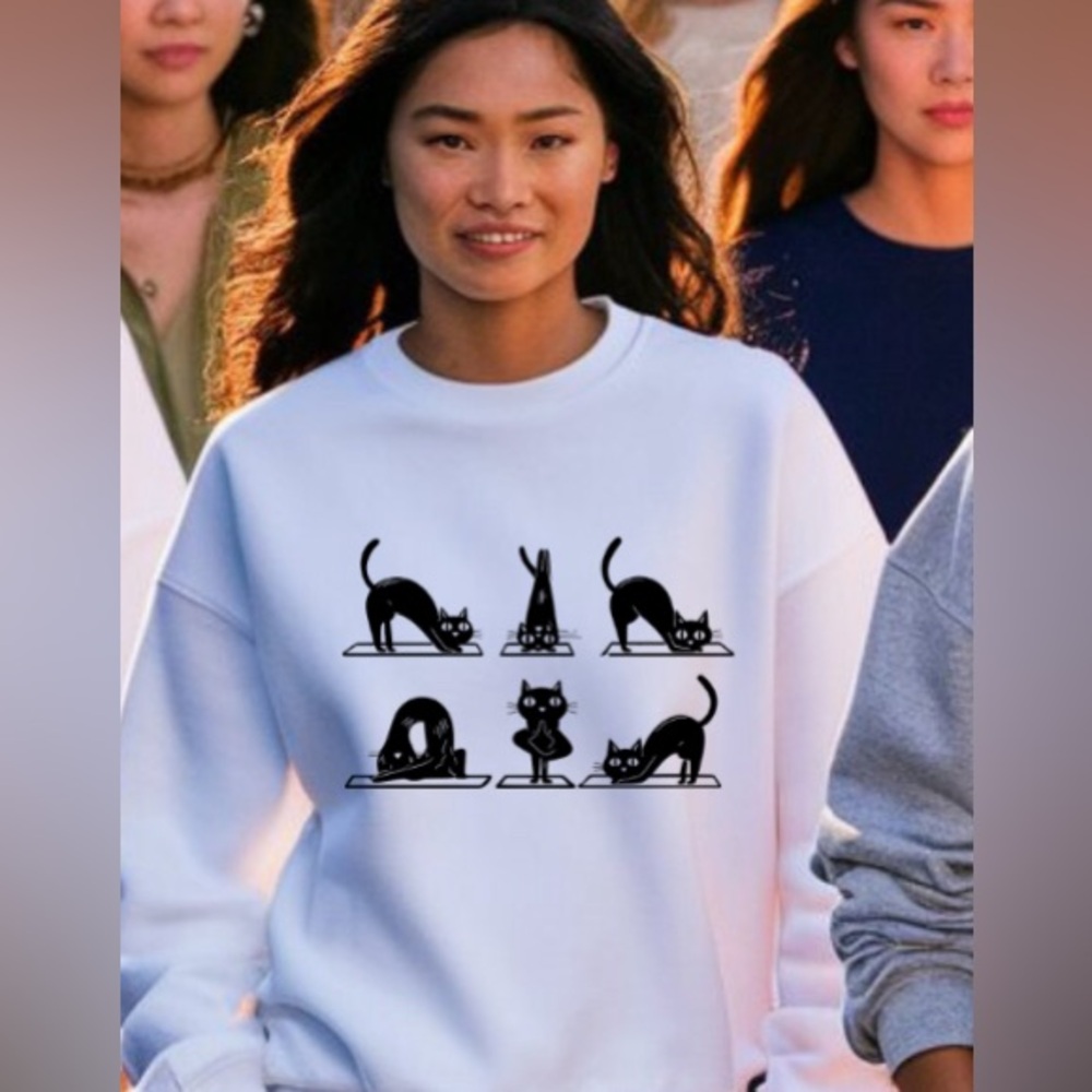 White yoga, cat crewneck/sweatshirt.